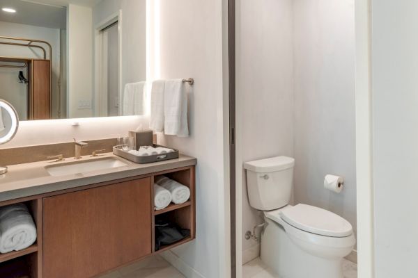 The image shows a modern bathroom with a vanity, sink, lighted mirror, towels, a makeup mirror, toilet, and a toilet paper holder on the wall.