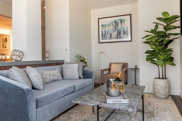 A modern living room with a grey couch, coffee table, armchair, plant, wall art, and decor items, featuring neutral tones and a cozy ambiance.