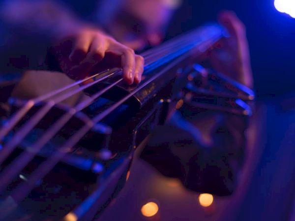 A close-up of a person playing a string instrument, likely a double bass or bass guitar, under dramatic blue lighting.