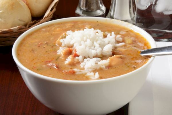 A bowl of soup topped with rice sits on a table, accompanied by a basket of bread rolls and a glass of ice water.