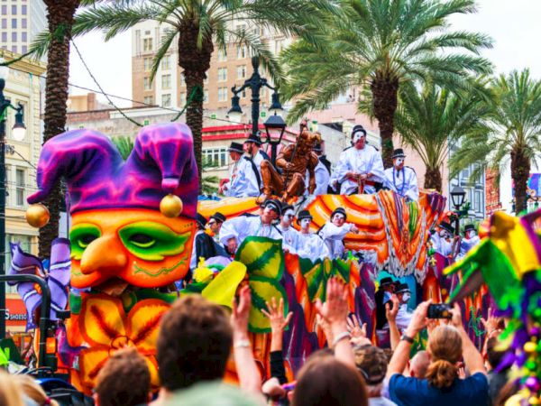 A colorful parade float with a jester head, surrounded by palm trees and buildings, with a cheering crowd, possibly during Mardi Gras.