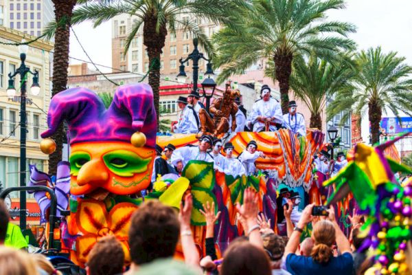 A colorful parade float with a jester head, surrounded by palm trees and buildings, with a cheering crowd, possibly during Mardi Gras.