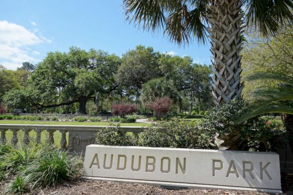 The image shows the entrance sign for Audubon Park with lush greenery, trees, and a palm tree in the background under a blue sky.