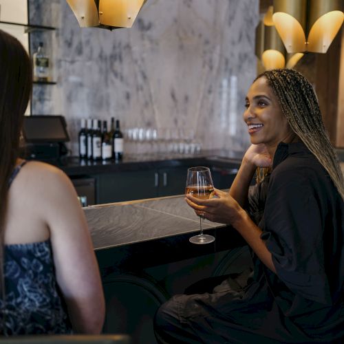 Two women are sitting at a bar, chatting and enjoying drinks, with bottles of wine and stylish lighting in the background.