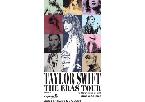 A poster for Taylor Swift's 'The Eras Tour' with various images of her, on October 25, 26 & 27, 2024, at Caesars Superdome, New Orleans, LA.