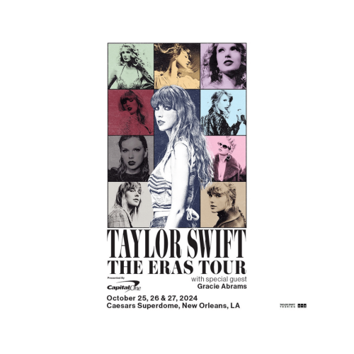 A poster for Taylor Swift's 'The Eras Tour' with various images of her, on October 25, 26 & 27, 2024, at Caesars Superdome, New Orleans, LA.