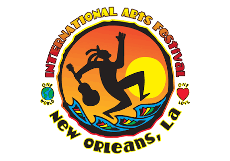 An International Arts Festival New Orleans logo showing a dancer silhouette in front of a sun, with &ldquo;On&rdquo; and love messages around it.