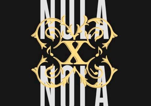 A black-and-gold graphic logo reading &ldquo;NOLA&rdquo; with ornate fleur-de-lis-like curls in the center.