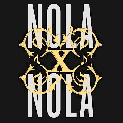 A black-and-gold graphic logo reading &ldquo;NOLA&rdquo; with ornate fleur-de-lis-like curls in the center.