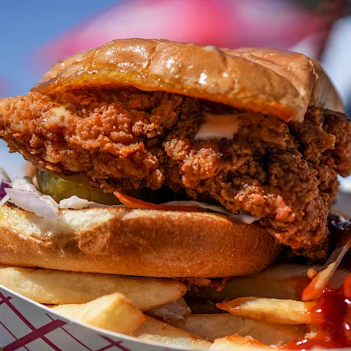 A crispy fried chicken sandwich in a bun, with fries and ketchup on the side.