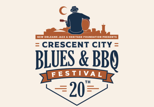 A poster for the &ldquo;Crescent City Blues & BBQ Festival&rdquo; (20th) by the New Orleans Jazz & Heritage Foundation, featuring a guitarist and skyline.
