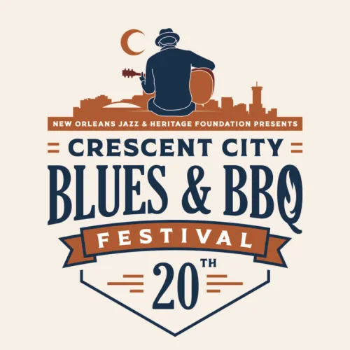 A poster for the &ldquo;Crescent City Blues & BBQ Festival&rdquo; (20th) by the New Orleans Jazz & Heritage Foundation, featuring a guitarist and skyline.