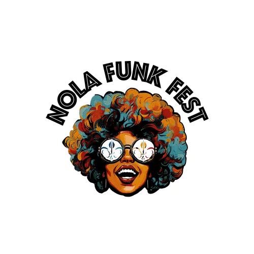 A graphic poster with stylized faces and bold text reading &ldquo;NOILA FUNK EXCLH1,&rdquo; in bright orange, blue, and black.
