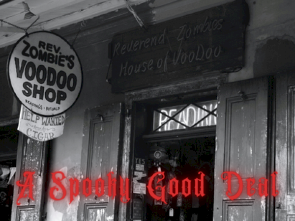 The image shows a shop called "Reverend Zombie's Voodoo Shop" with red text, "A Spooky Good Deal," at the bottom.