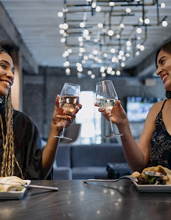 Two friends toast with glasses at a stylish restaurant, enjoying plated meals as they chat under charming string lights.