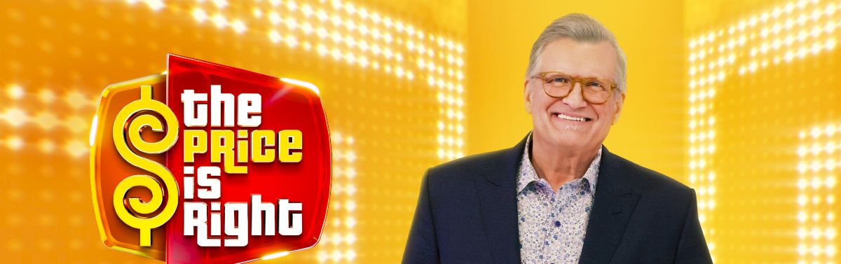 A cheerful TV host stands beside a bright yellow set with the logo &ldquo;the price is right&rdquo; on the left.