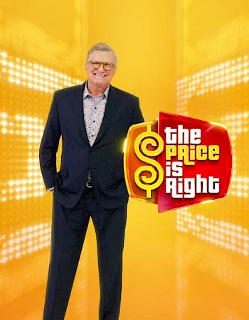 A well-dressed man stands confidently on a bright yellow set with a bold red logo reading &ldquo;the price is right&rdquo; beside him.