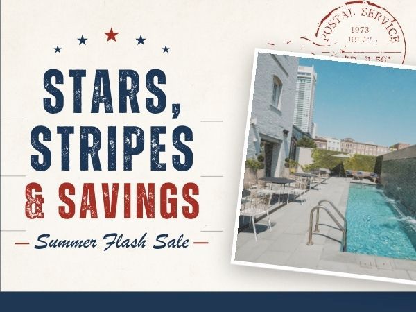 A &ldquo;Stars, Stripes & Savings&rdquo; summer flash sale ad with a poolside photo and a &ldquo;U.S. Postal Service&rdquo; stamp.