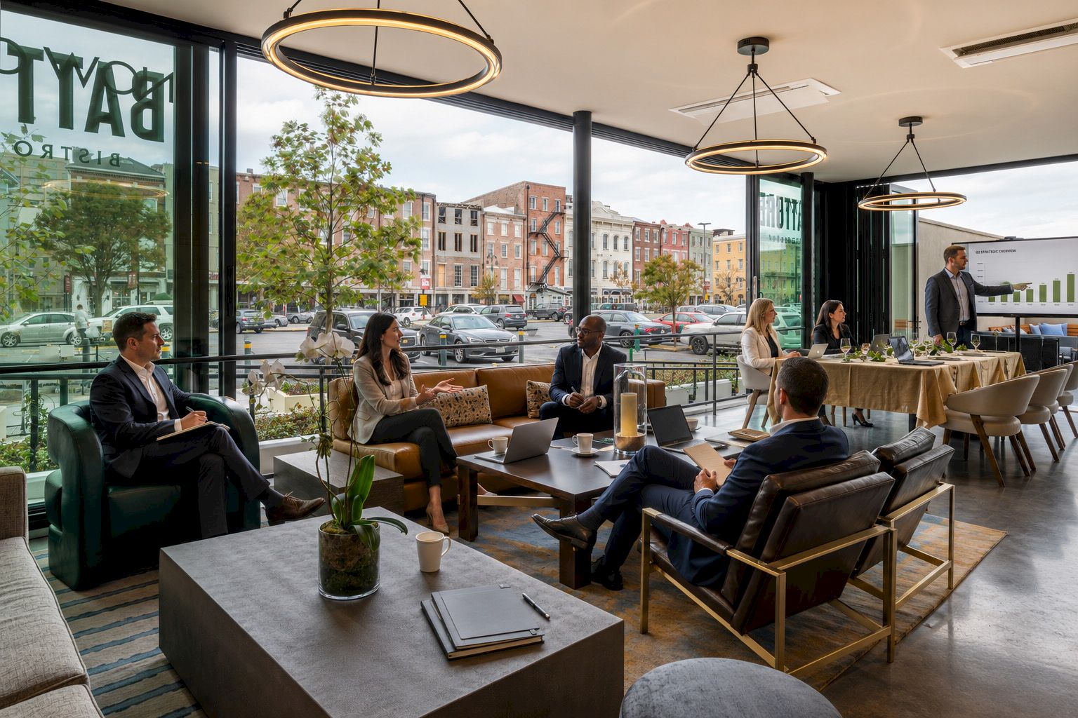A business meeting is happening in a modern conference room with people seated around tables and a presentation screen beyond the windows.