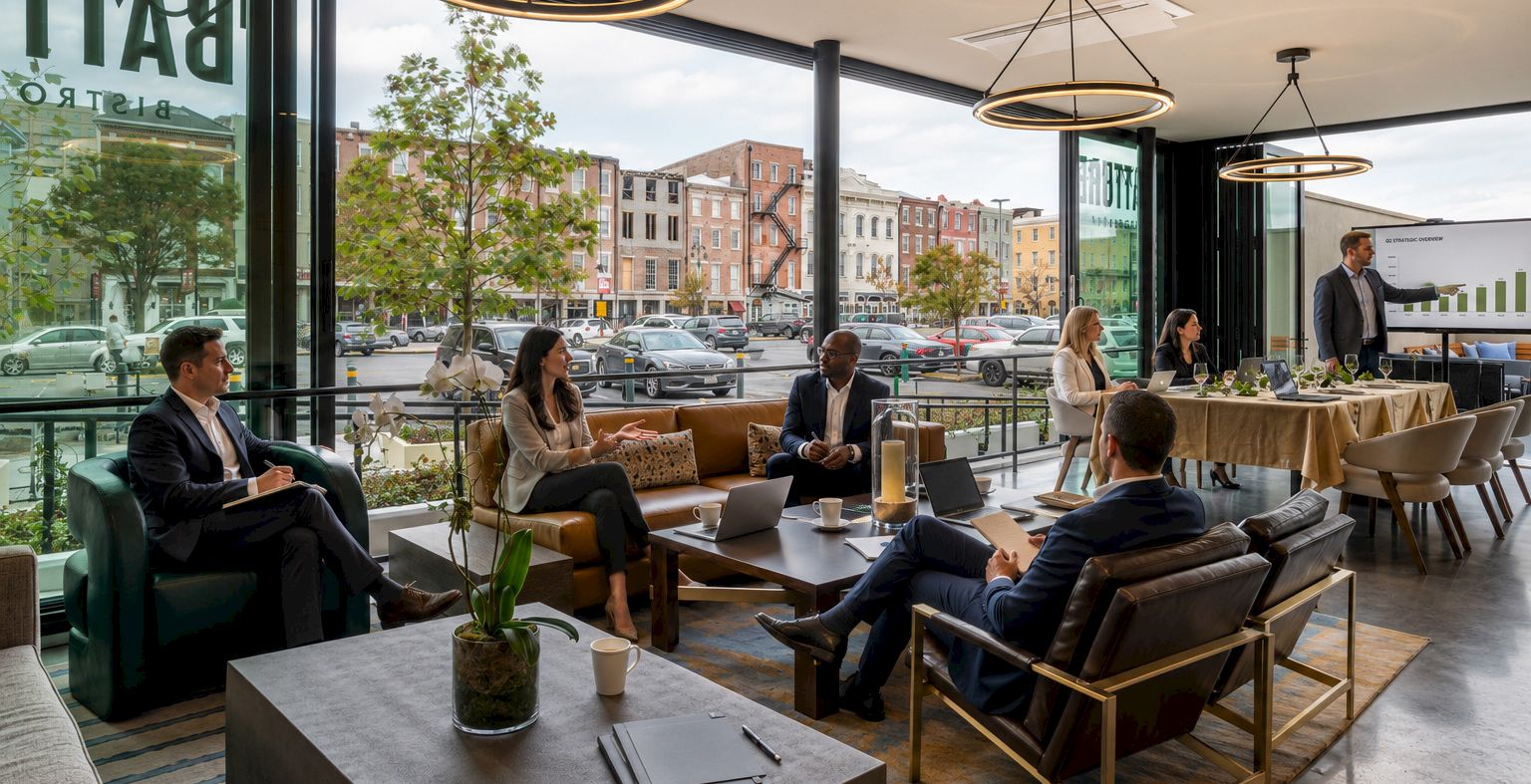 A business meeting is happening in a modern conference room with people seated around tables and a presentation screen beyond the windows.