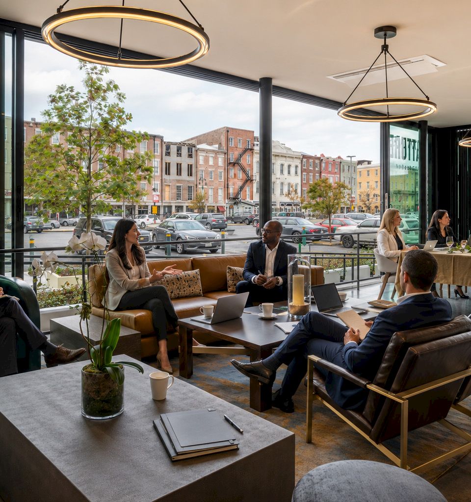 People in a modern office meeting around a table with laptops, facing a window, under circular hanging lights.