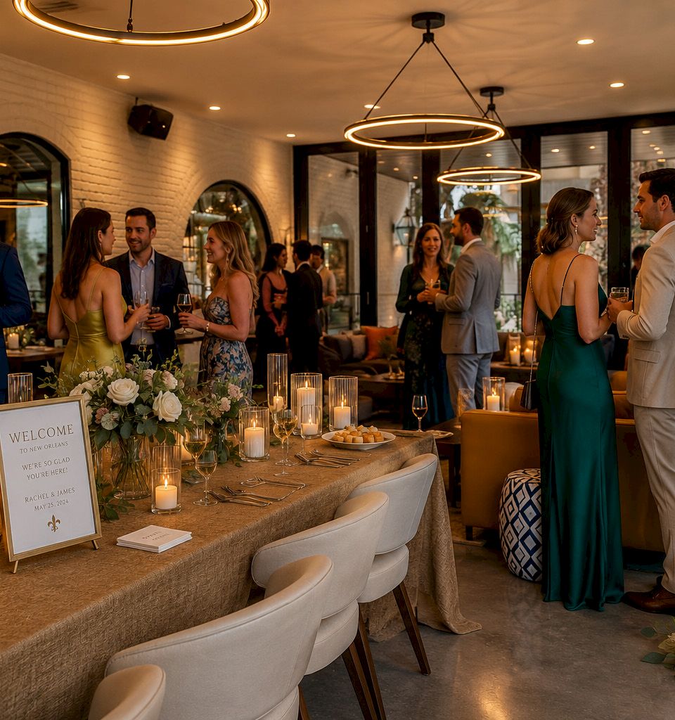 Guests mingle at a candlelit wedding reception with floral centerpieces, neon ring lights, and a &ldquo;Welcome to our wedding weekend&rdquo; sign.