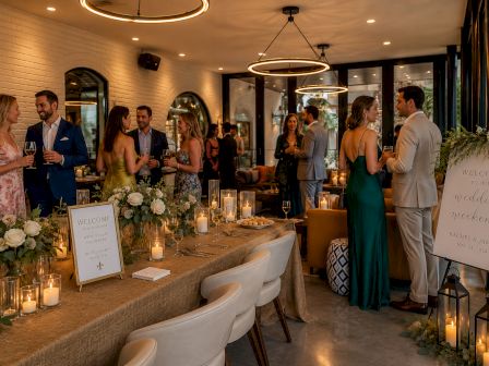 A warmly lit wedding reception with guests mingling beside a decorated welcome table and candles.