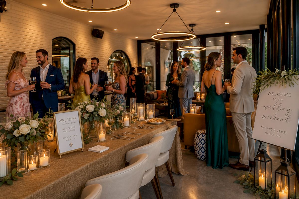 Guests mingle at a candlelit wedding reception table with flowers, welcome sign, and warm pendant lights.