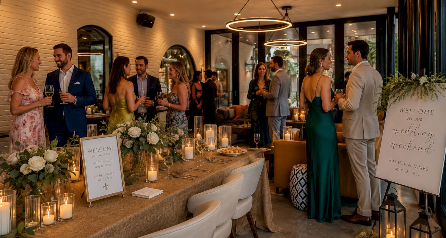 A group of people in formal attire gathered around a table with flowers and candles in a lobby area.