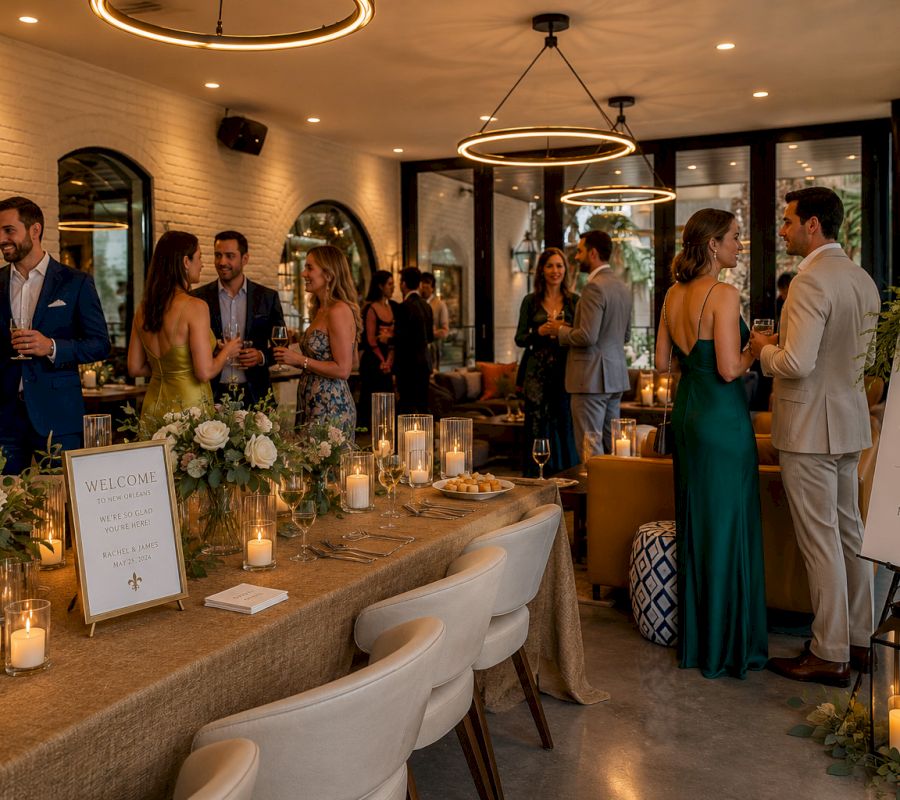 A formal dining setting with a long table, white chairs, flowers, candles, and people standing and talking.