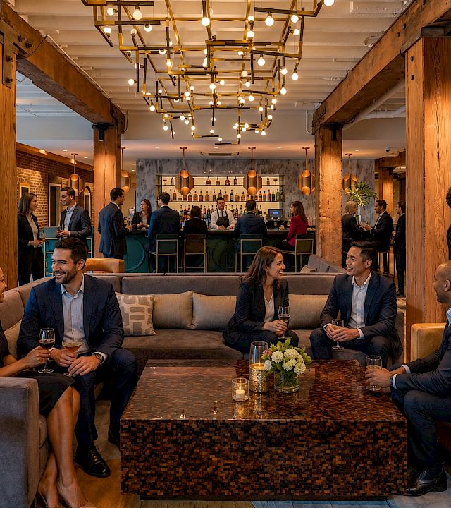 Friends in a modern bar lounge chat and toast with drinks under warm hanging lights.