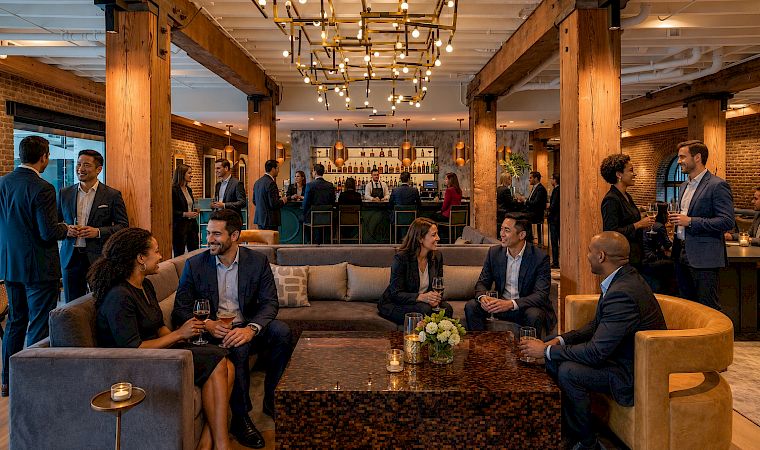 Friends in a modern bar lounge chat and toast with drinks under warm hanging lights.