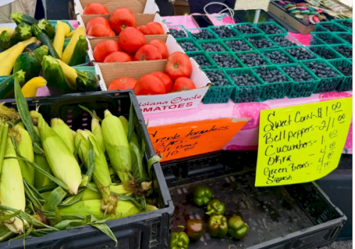 A produce stall with baskets of red tomatoes, corn, cucumbers, green onions, and bell peppers, for sale at a market.