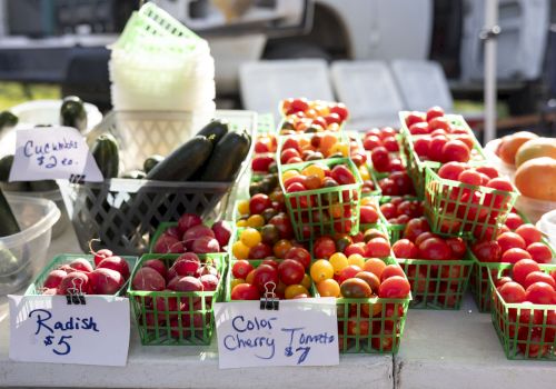 At an outdoor farmers market stall, bins of radish, tomatoes, cherries, and cucumbers sit with price tags.