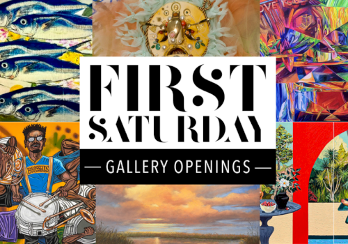A colorful poster collage advertising &ldquo;First Saturday&rdquo; gallery openings, featuring abstract art, fish, murals, and an outdoor pool scene.
