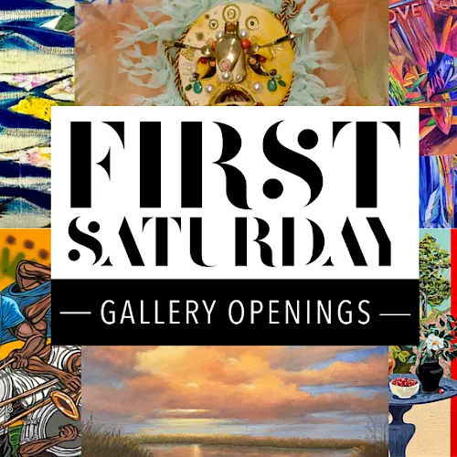 A colorful poster collage advertising &ldquo;First Saturday&rdquo; gallery openings, featuring abstract art, fish, murals, and an outdoor pool scene.